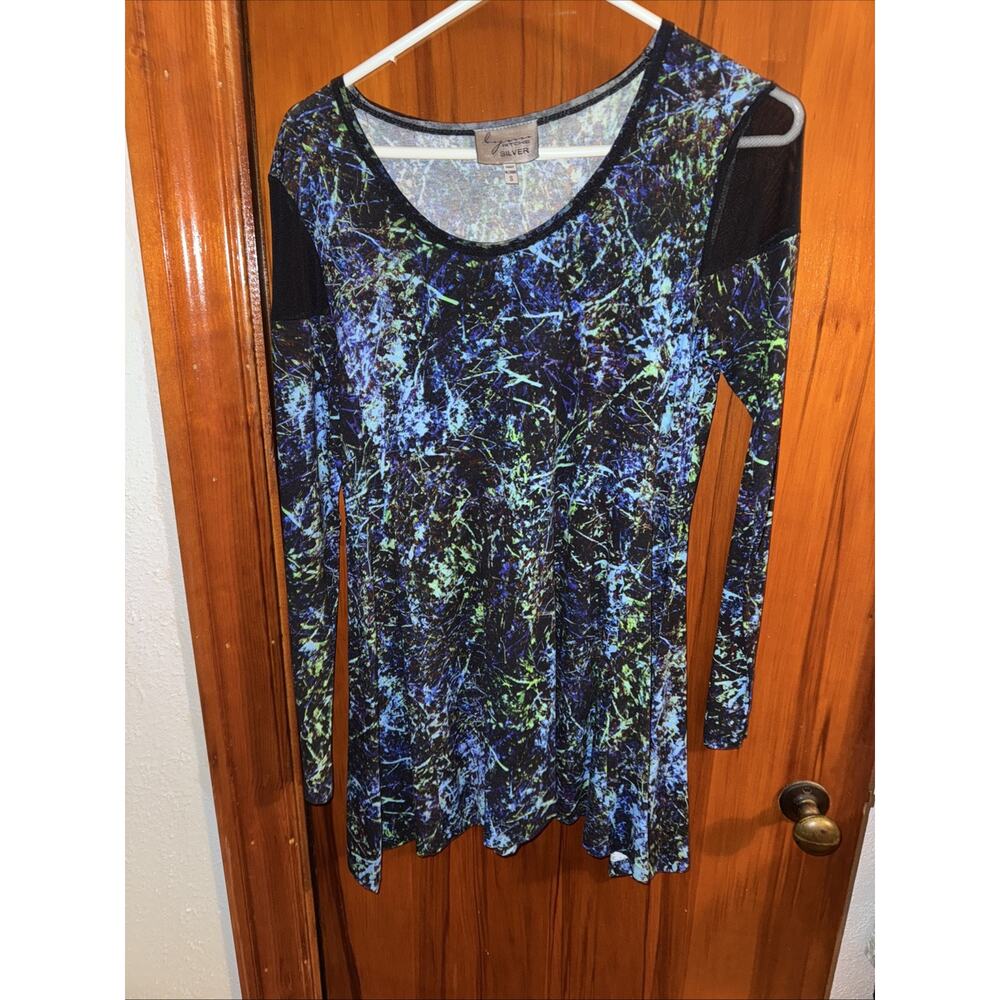 Lynn Ritchie SILVER Scoop Neck 3/4 Length Sleeve Tunic Blouse Asymmetric SMALL